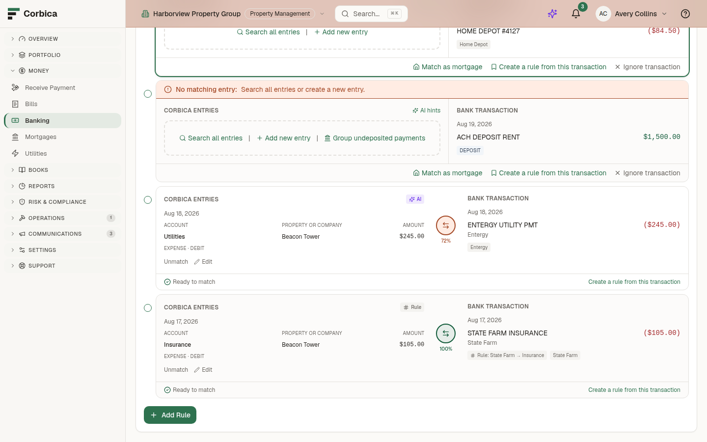 Corbica bank feed matching — bank transactions matched to ledger entries with confidence scores and rule badges