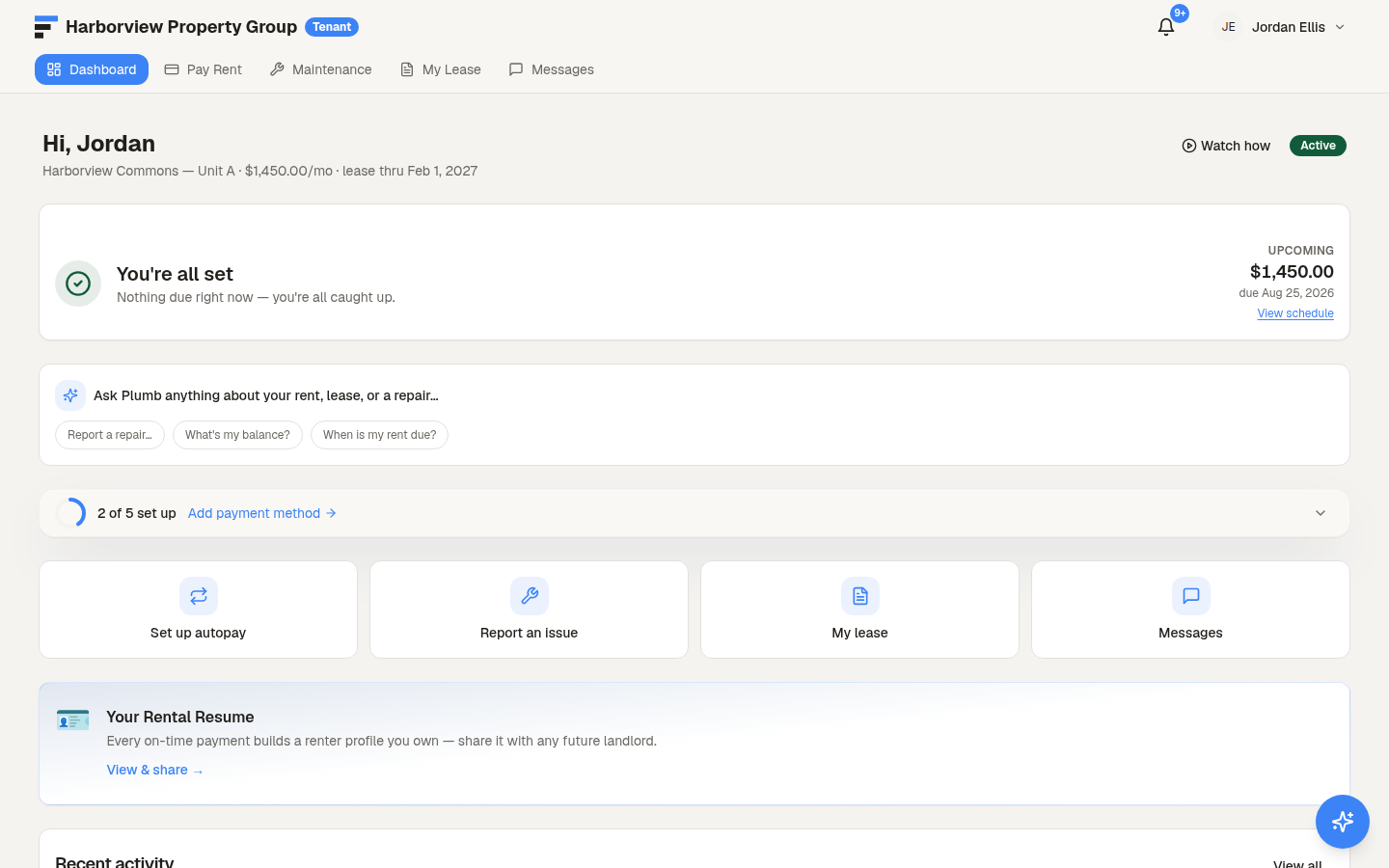 Corbica tenant portal — balance due, autopay setup, maintenance requests, and lease access